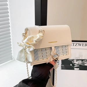 Women Trendy PU Leather Tweed Patchwork Shoulder Bag Elegant Bow Satin Scarf Chain Strap Crossbody Square Handbag Fashion