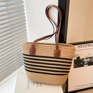 Women Woven Stripe Tote Bag Large Capacity Straw Shoulder Bag Casual Beach Bucket Bag With Leather Strap Summer Handbag