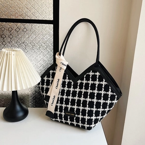 Damen Eleganz Tweed Kariert Tote Bag Große Kapazität Schwarz Weiß Karomuster Schultertasche Mit Seidenband Dekorative Handtasche