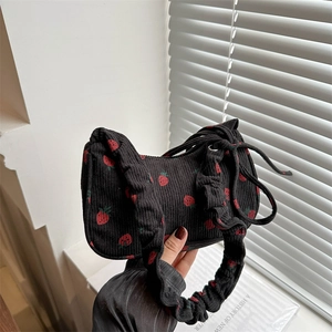 Vintage Strawberry Print Canvas Underarm Bag For Women Fashion Crescent Shoulder Bag Minimalist Daily Handbag Cute Girl Tote