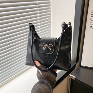 Women Stylish PU Leather Bow Shoulder Bag Y2K Chic Underarm Bucket Bag For Daily Dating Elegant Hobo Purse With Single Strap