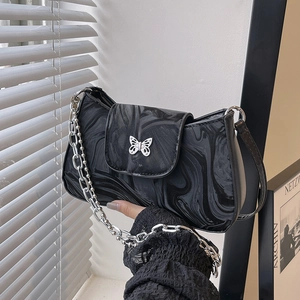 Women Marble Pattern PU Leather Underarm Bag Silver Butterfly Buckle Metal Chain Shoulder Bag Crescent Hobo Bag Accessory