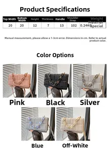 Detailed size specifications for quilted small square bags in five diverse colors