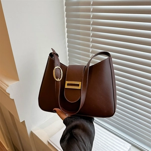 Fashion Women PU Leather Underarm Bag Minimalist Solid Color Shoulder Bag With Metal Buckle Retro Hobo Bag For Daily Use
