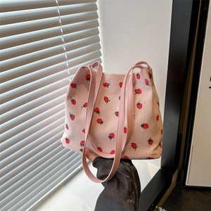 Women Cute Strawberry Print Corduroy Shoulder Bag Large Capacity Printed Canvas Tote Casual Sweet Fresh Bucket Underarm Bag