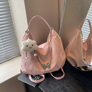 Women Pleated PU Leather Shoulder Bag Large Capacity Hobo Tote Bag Butterfly Metal Chain Cloud Pendant Casual Commuting Underarm Bag