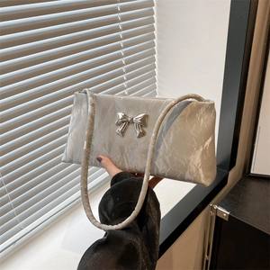 Borsa a Spalla in Pelle PU Plicsettata in Stile Francese per Donna Elegante Fiocco in Metallo Borsa Sottobraccio Piccola Borsa Quadrata