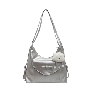 Silver metallic Hobo shoulder bag with bow detail and cloud plush charm for women