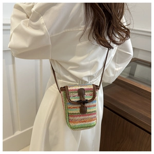 Vertical mini woven crossbody bag with colorful stripes and brown leather strap details
