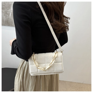 Detail of white quilted crossbody bag featuring a thick chain handle and PU leather texture