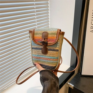Women Bohemian Woven Mobile Phone Bag Multi Color Striped Straw Crossbody Bag With Horn Button Shoulder Bag For Vacation