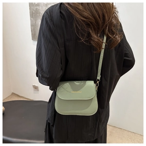 Detail view of the green crossbody square bag with golden Fashion & Bags text logo