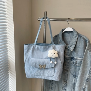 Women Crinkled PU Leather Tote Bag Large Capacity Multi Functional Shoulder Bag Backpack With Butterfly Buckle Cloud Pendant