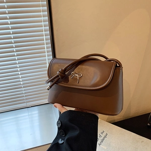 Women Fashion PU Leather Shoulder Bag With Metal Bow Decor Minimalist Small Square Crossbody Bag Elegant Daily Handbag