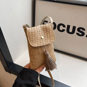 Women Retro Straw Woven Crossbody Phone Bag Summer Beach Small Square Bag With Tassel Flap Metal Button Shoulder Bag