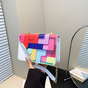 Women Fashion PU Leather Geometric Puzzle Pattern Color Block Small Square Bag Chain Shoulder Crossbody Handbag For Daily Fashion Wear