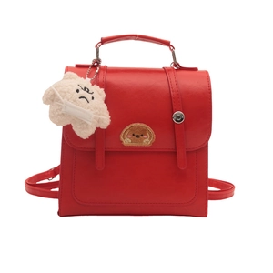 Retro red faux leather mini backpack for women with cute dog embroidery and star charm
