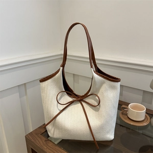 Women Minimalist PU Leather Trim Herringbone Canvas Tote Bag Large Capacity Commuter Shoulder Bag With Bow Decoration