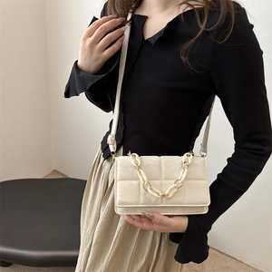 Chic cream white quilted square crossbody bag with thick matching chain strap
