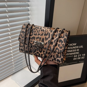 Vintage Leopard Print Underarm Bag For Women PU Leather Metal Chain Square Shoulder Bag Trendy Fashion Small Handbag