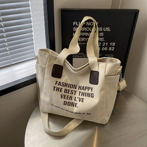 Grand Sac Fourre-tout en Toile pour Femmes Minimaliste Imprimé Lettres Sac à Épaule Bandoulière Réglable Style Décontracté