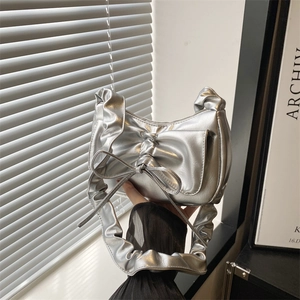 Metallic Bow Shoulder Bag For Women Ruffle Strap Crescent Bag Y2K Trendy PU Leather Underarm Bag Streetwear Purse