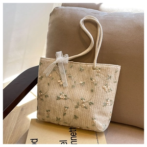 Dettaglio del ricamo floreale e del fiocco in pizzo bianco su una borsa in paglia