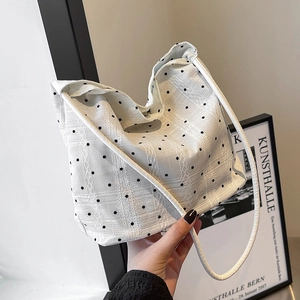 Women Fashion Canvas Polka Dot Shoulder Bag With Lace Bow Decoration Korean Style Summer Minimalist Underarm Handbag Bucket Bag For Daily