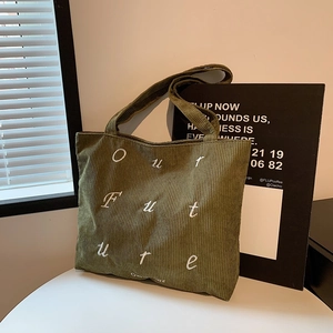 Women Corduroy Letter Embroidery Tote Bag Large Capacity Artistic Casual Shoulder Bag Our Future Fashion Handbag Everyday