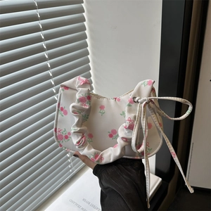 Women Sweet PU Rose Floral Bow Underarm Bag Trendy Street Style Shoulder Bag Casual Small Square Handbag
