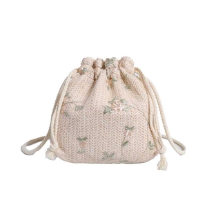 Borsa a secchiello in paglia con ricamo floreale e chiusura a coulisse per l'estate