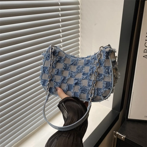 Women Canvas Crescent Bag Star Checkerboard Print Frayed Edge Metal Chain Streetwear Trendy Commuting Shoulder Bag