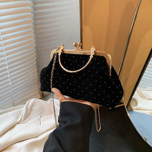 Vintage Women Shell Evening Bag Rhinestone Studded Canvas Messenger Shoulder Bag With Gold Metal Handle For Party Banquet