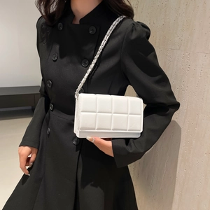 White minimalist quilted rectangular shoulder bag with metal chain strap for women