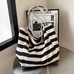 Women Striped Canvas Tote Bag Large Capacity Casual Shoulder Bag Versatile Soft Daily Shopping Underarm Handbag
