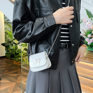Mini white crocodile embossed crossbody bag with silver butterfly chain for women