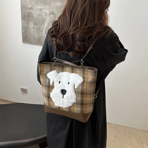 Plaid pattern tote backpack featuring a cute shnauzer plush patch for autumn style