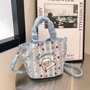 Dames Schattige Cartoon Canvas Emmertas Gestreepte Handtas Handvat Met Ruches Crossbody Schoudertas Voor Dagelijks Gebruik