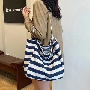 Blue and white striped canvas tote bag for women, large capacity shoulder handbag design