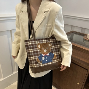Chic brown plaid tote bag with cute bear patch embroidery for casual autumn fashion style