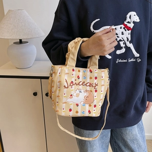 Leuke Koreaanse geel gestreepte canvas emmer tas met kattenprint en verstelbare riem