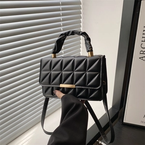 Women's PU Leather Quilted Shoulder Bag Ruched Handle Minimalist Small Square Crossbody Bag Gold Hardware Trendy Handbag