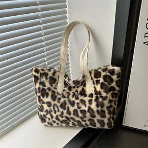 Sac Fourre-tout en Peluche Imprimé Léopard pour Femmes Grande Capacité Style Coréen Sac à Épaule en Fausse Fourrure