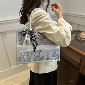 Silver-gray floral textured tote bag with silk scarf and Fashion Bag strap