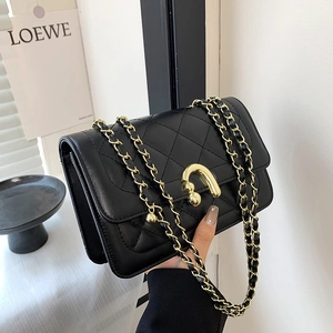 Women Quilted Diamond Pattern Square Bag PU Leather Golden Chain Strap Horseshoe Buckle Shoulder Crossbody Bag Fashion Purse