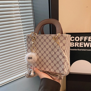 Vintage Monogram PU Leather Tote Bag With Plush Monster Charm Retro Women Square Shoulder Crossbody Handbag Daily Office Purse