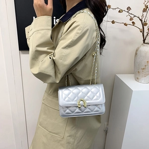 Chic silver quilted shoulder bag with gold clasp and chain strap on stylish model