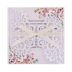 Laser Cut Hollow Floral Invitation Cards With Ribbon Bow Artificial Pearl Paper Elegant Wedding Party Greeting Cards Engagement