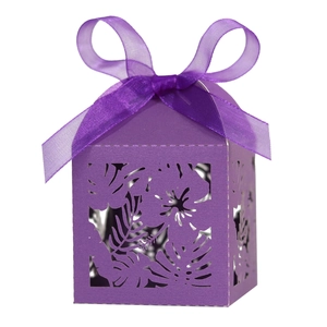 Purple laser-cut tropical leaf gift box with organza ribbon bow for weddings