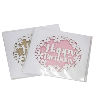 Detail view of laser-cut Happy Birthday cards with floral patterns and colored linings